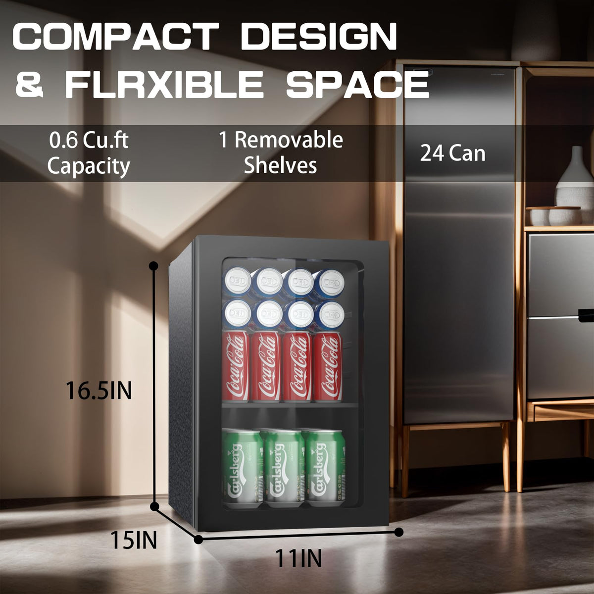 Erivess 24 Cans Mini Fridge, 18L Beverage Refrigerator Cooler, Black