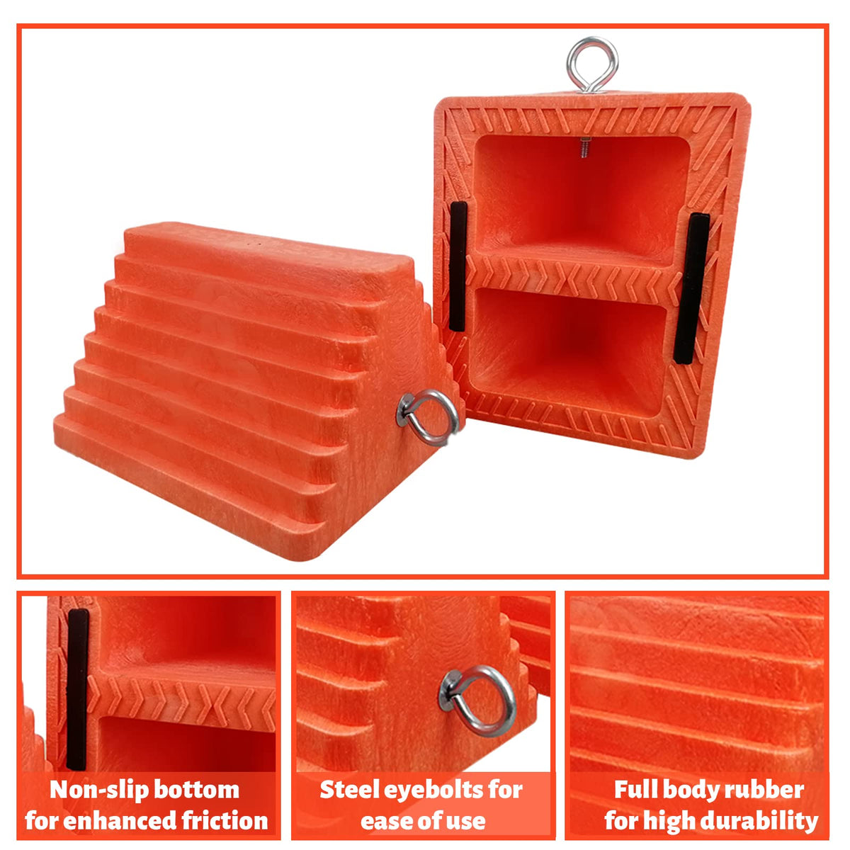 2 Pack Wheel Chocks Heavy Duty Orange with Eyebolt for Travel Trailer, 10" Length x 8" Width x 5.7" Height