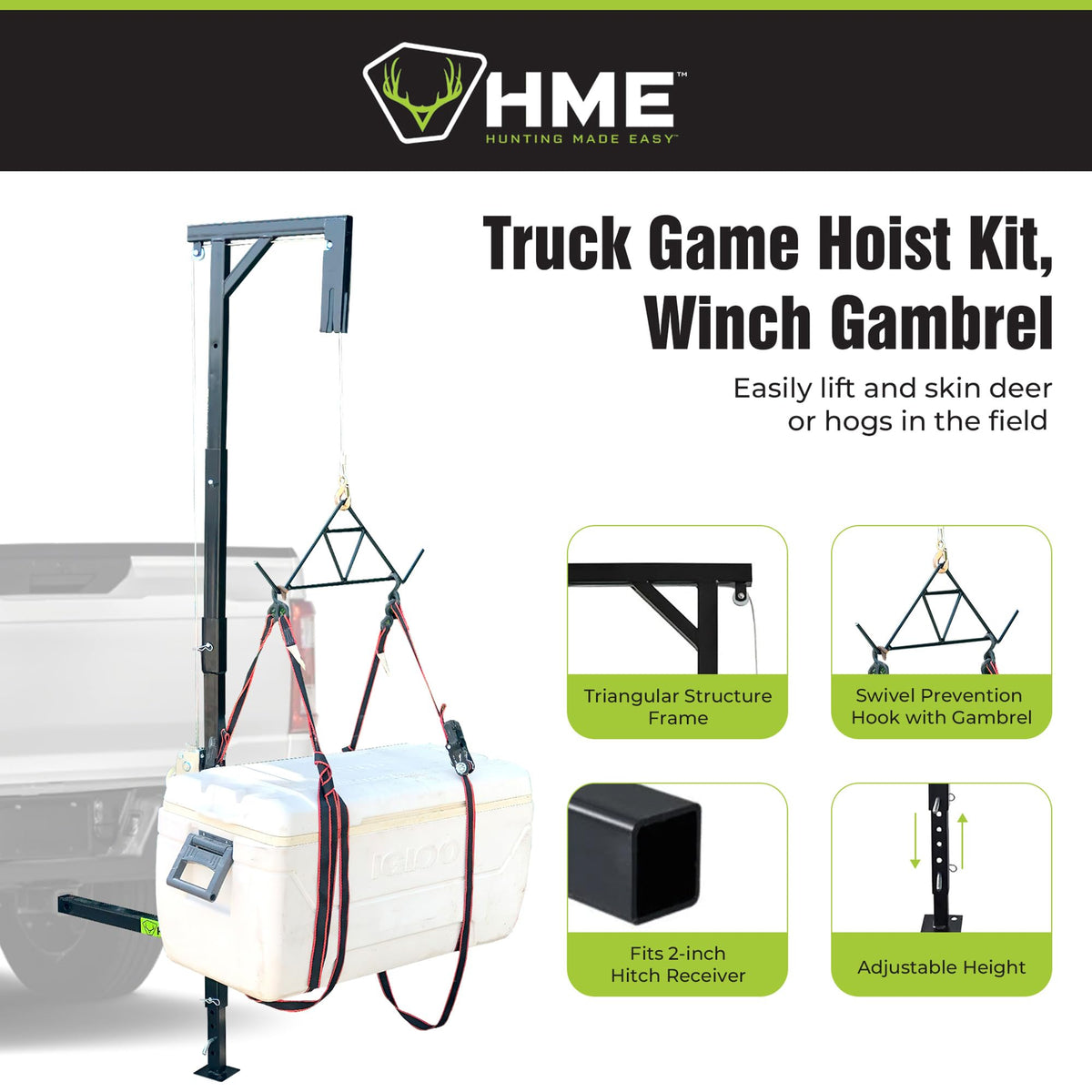HME Truck Hitch Game Hoist Kit with Winch and Gambrel, 400 lb Capacity