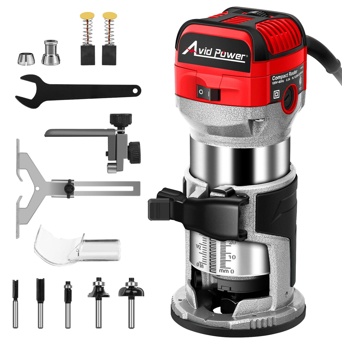 AVID POWER 6.5 Amp 1.25 HP Compact Router Tools for Woodworking, Fixed Base Wood Router with Trim Router Bits, 6 Variable Speeds, Edge Guide, Roller