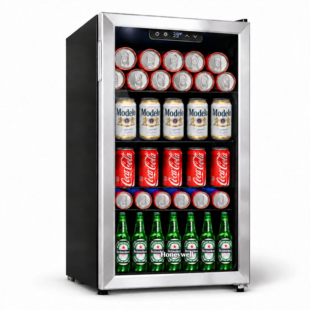 Honeywell Beverage Refrigerator and Cooler, 116 Can Mini Fridge with Glass Door for Soda Beer or Wine for Office or Bar with Adjustable Removable