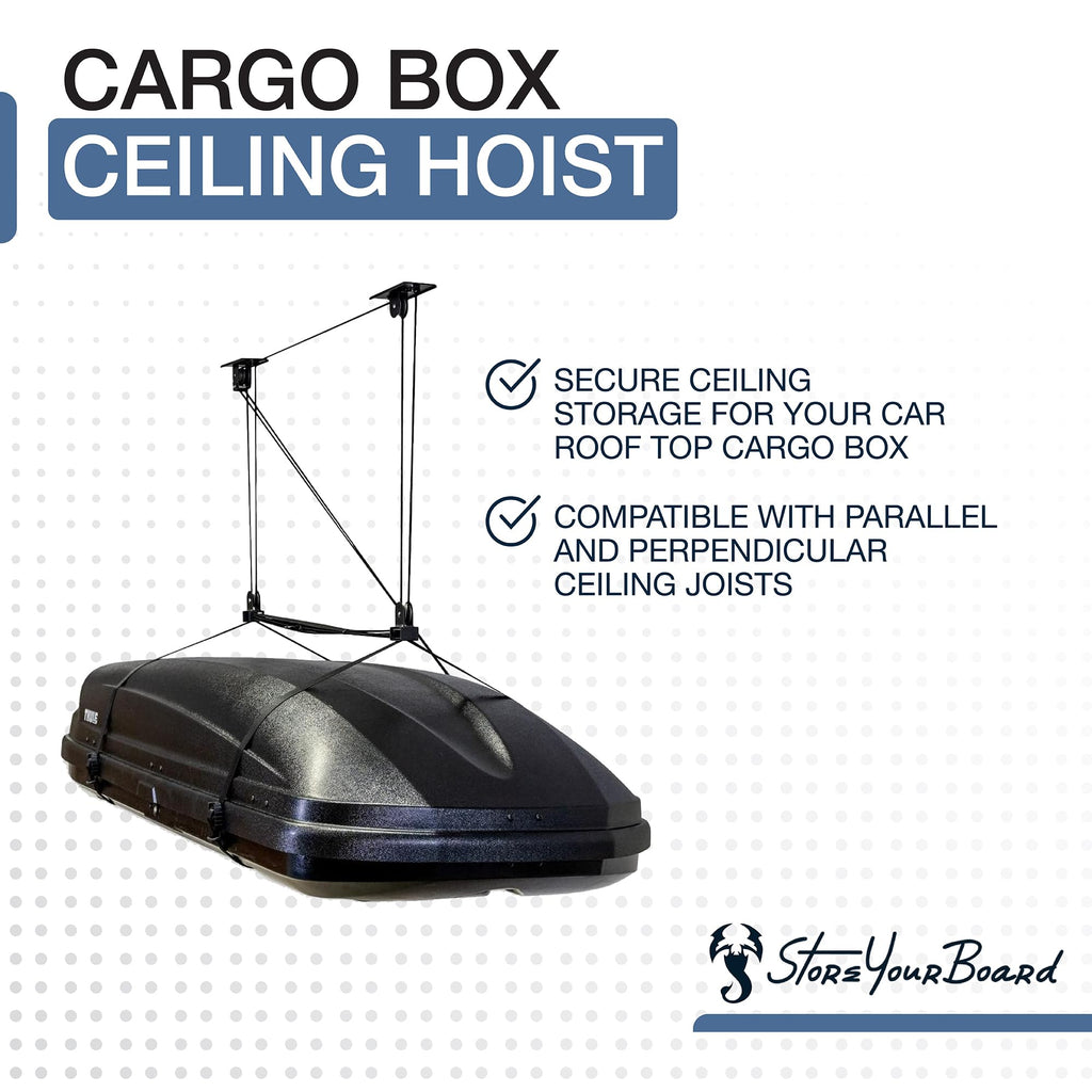StoreYourBoard Cargo Box Pulley System – Heavy-Duty Garage Hoist Lift for Rooftop Carriers – Garage Storage & Garage Organization Ceiling Hoist with
