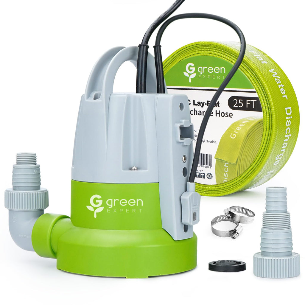 Green Expert 1/3HP Submersible Sump Pump Kit with 25FT Lay-Flat Discharge Hose, Pump with Hose, Water Sensor Automatic/Manual Low Water Drain Pump