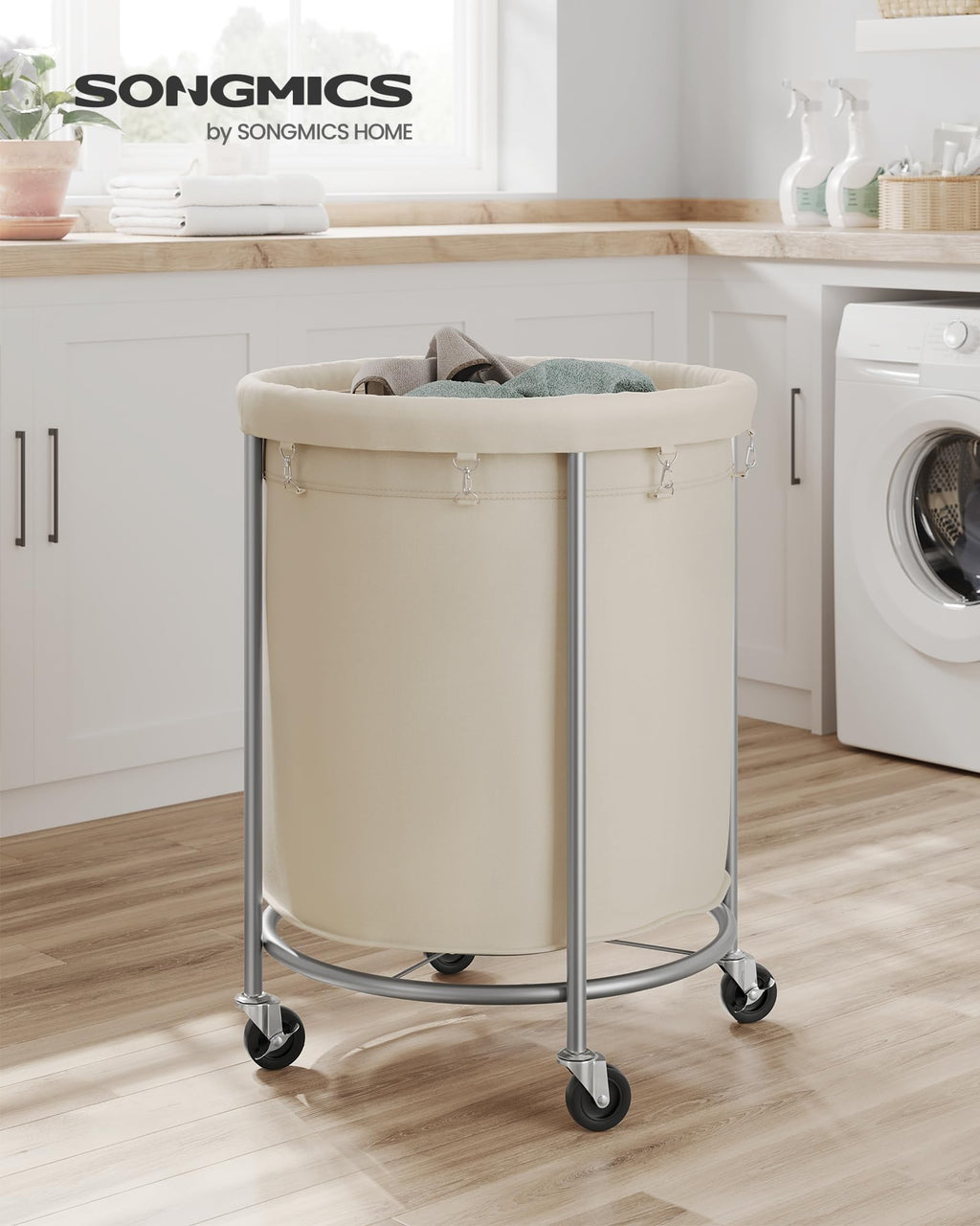 SONGMICS Laundry Basket with Wheels,190L, Steel Frame, Removable Bag