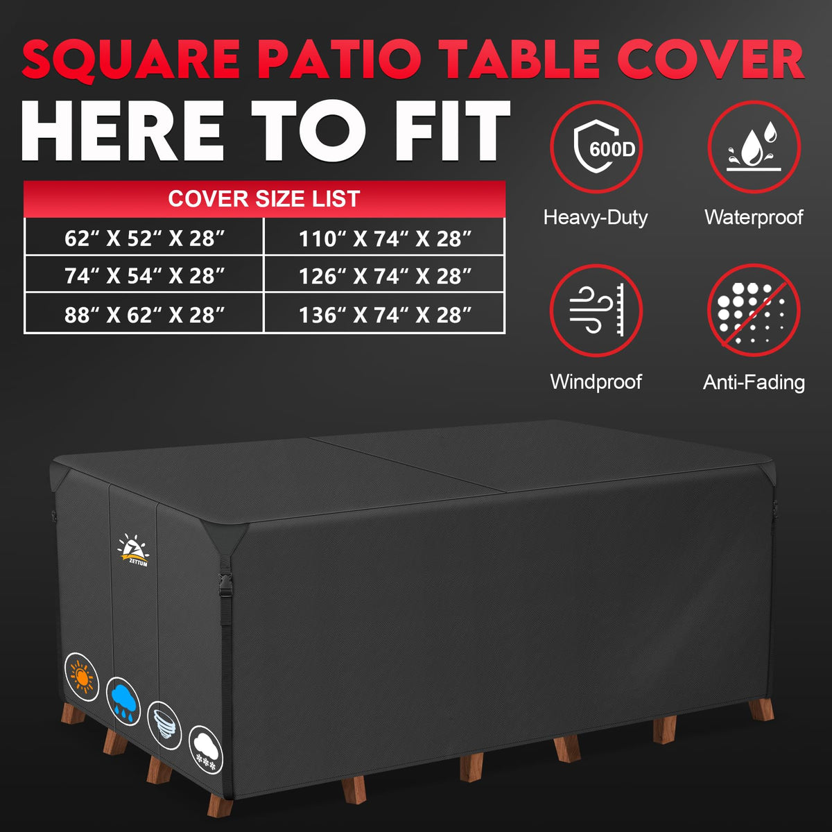 Patio Furniture Cover Rectangle - 110 Inch Outdoor Table Cover Waterproof & Heavy Duty, Large 600D Lawn Furniture Sofa Set Covers for Outside Dining