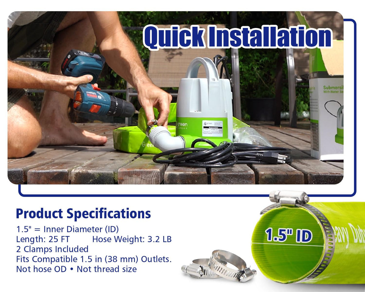 Green Expert 1/3HP Submersible Sump Pump Kit with 25FT Lay-Flat Discharge Hose, Pump with Hose, Water Sensor Automatic/Manual Low Water Drain Pump