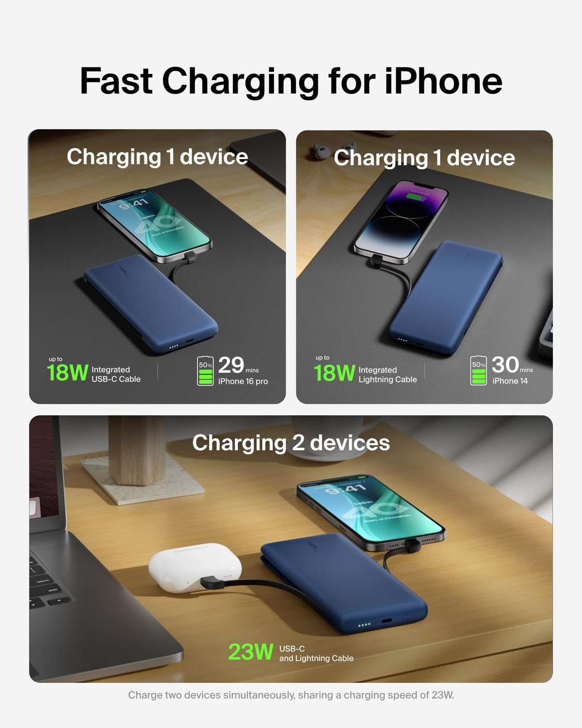 Belkin 10000mAh 23W Portable Power Bank w/ Integrated USB C and LTG Cables