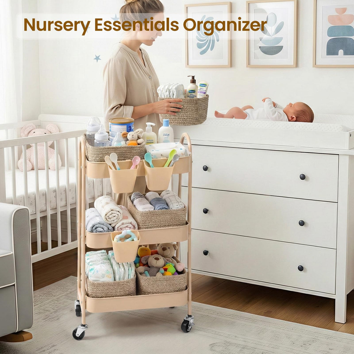 3-Tier Rolling Utility Cart with 4 Woven Baskets, Diaper Book Snack Cart, Storage Organizer for Nursery, Kitchen, Craft Room, Home SPA, Living Room