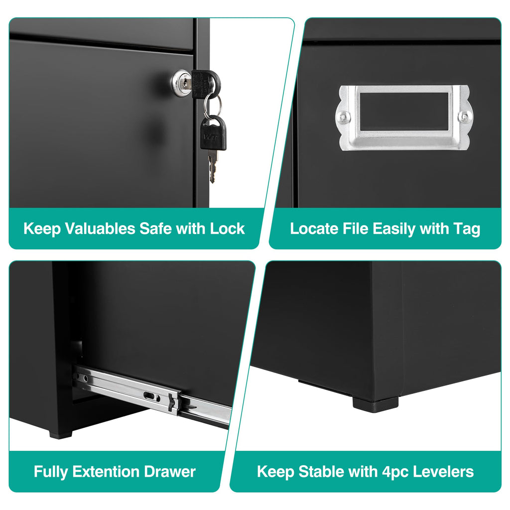 2 Drawer File Cabinet with Lock,Narrow Vertical Filing Cabinet,Under Desk File Cabinets,Black Metal File Cabinets for Home Office,Fit Letter/A4/Legal