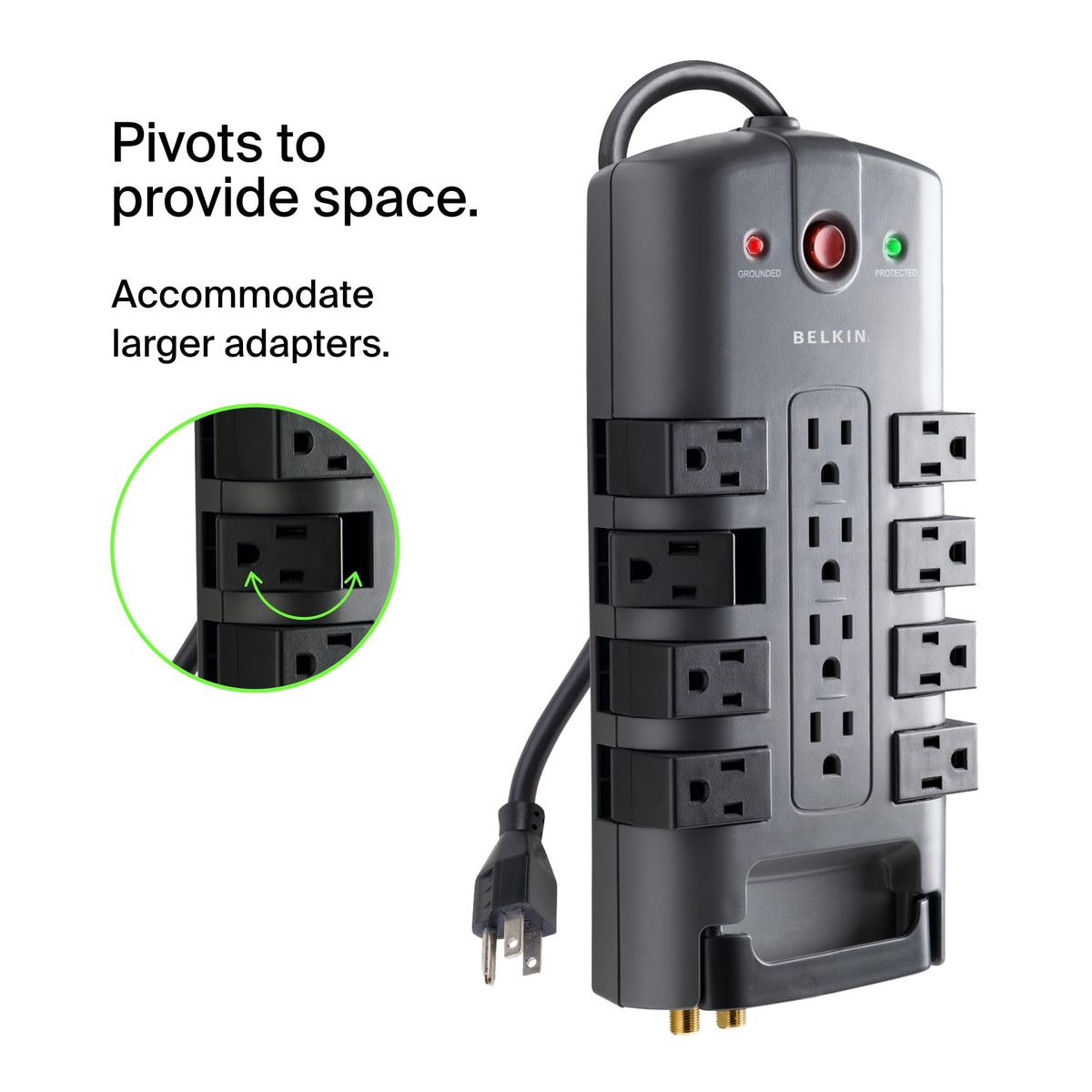 Belkin Surge Protector Power Strip w/ 8 Rotating & 4 Standard Outlets - 8ft Sturdy Extension Cord w/Flat Pivot Plug for Home, Office, Travel, Desktop