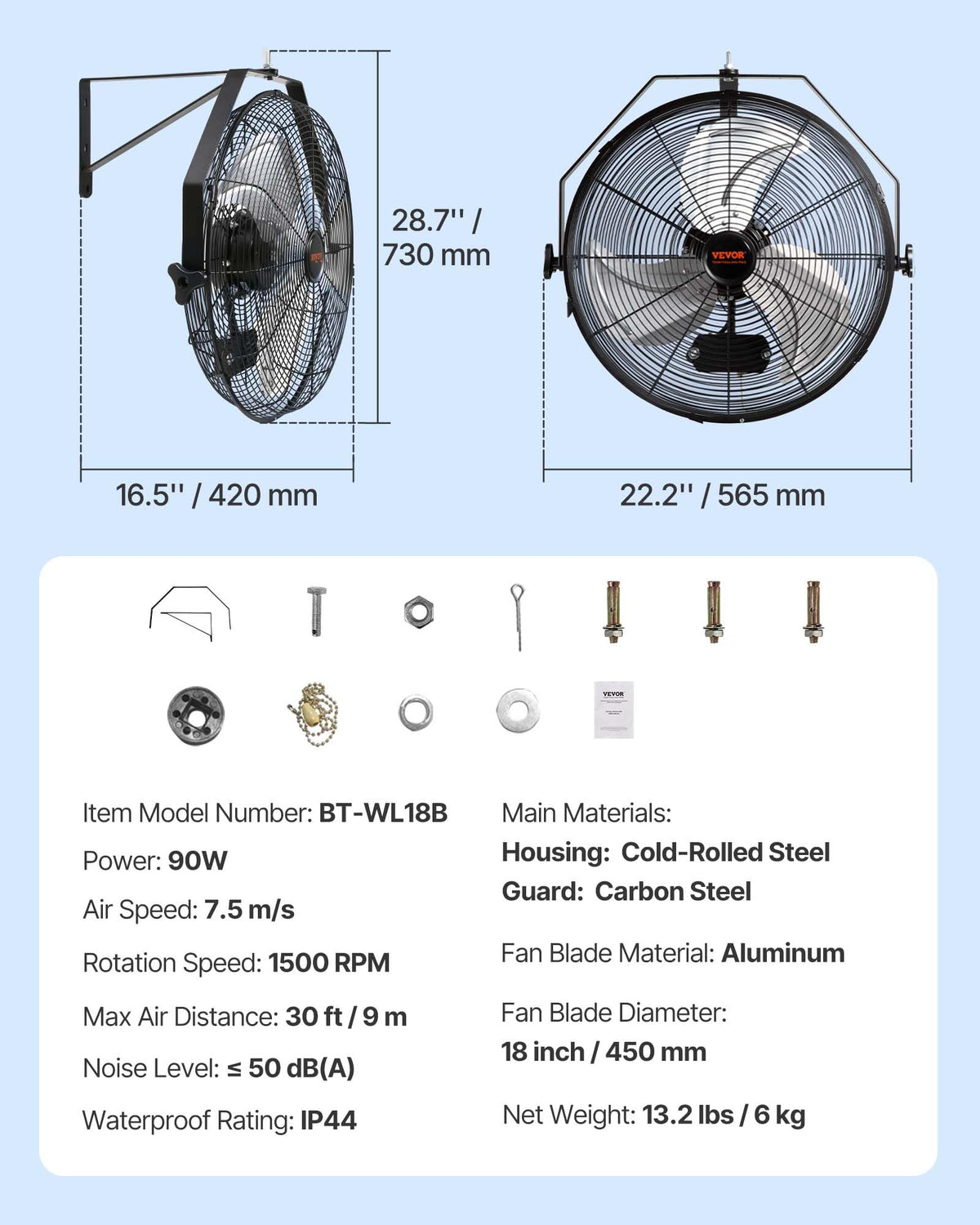 VEVOR Wall Mount Fan, 18 Inch 4150 CFM, 3-speed Wall Mounted Metal Fan