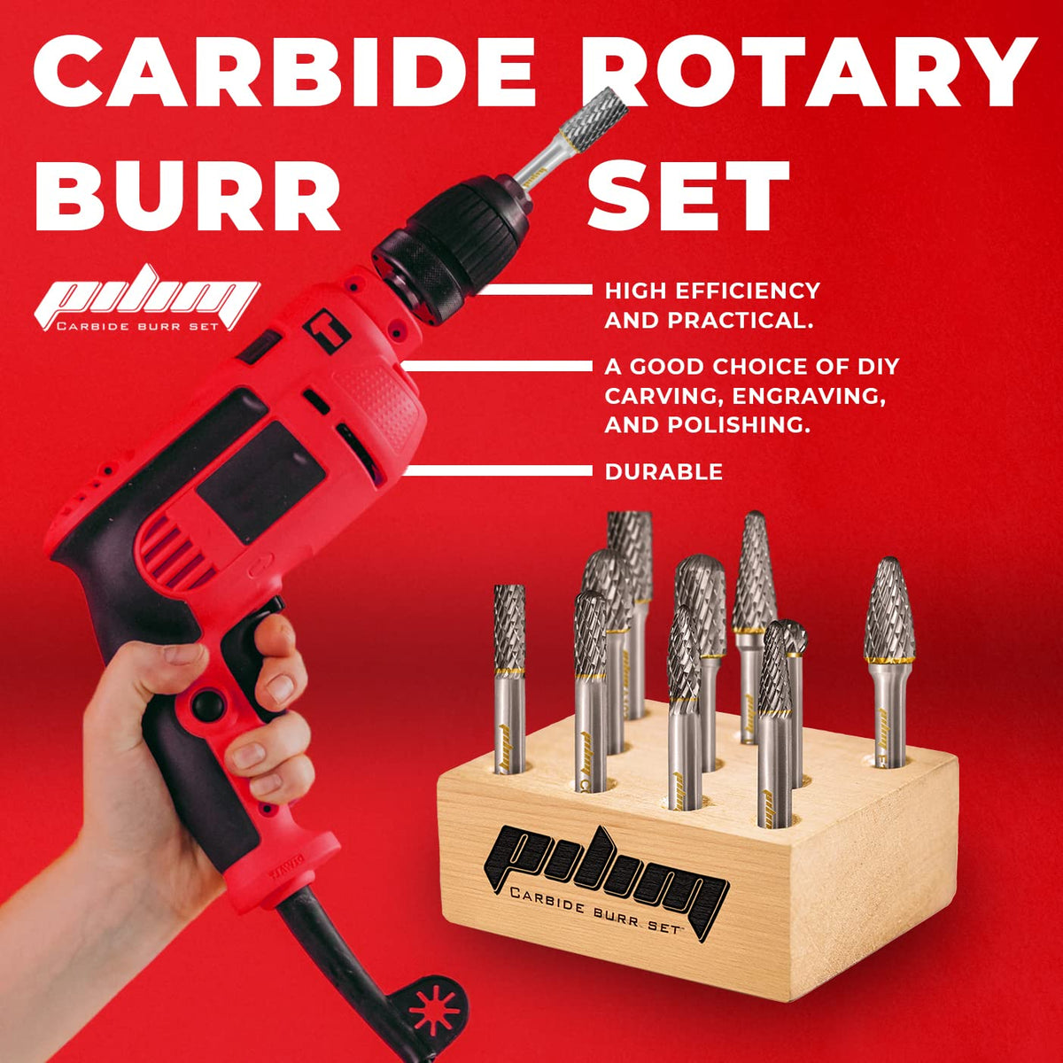 Tungsten Carbide Burr Set 1/4" Shank 10PC Double Cut Rotary Cutting Burrs Die Grinder Bits for Steel and Wood Working, Grinding, Carving, and