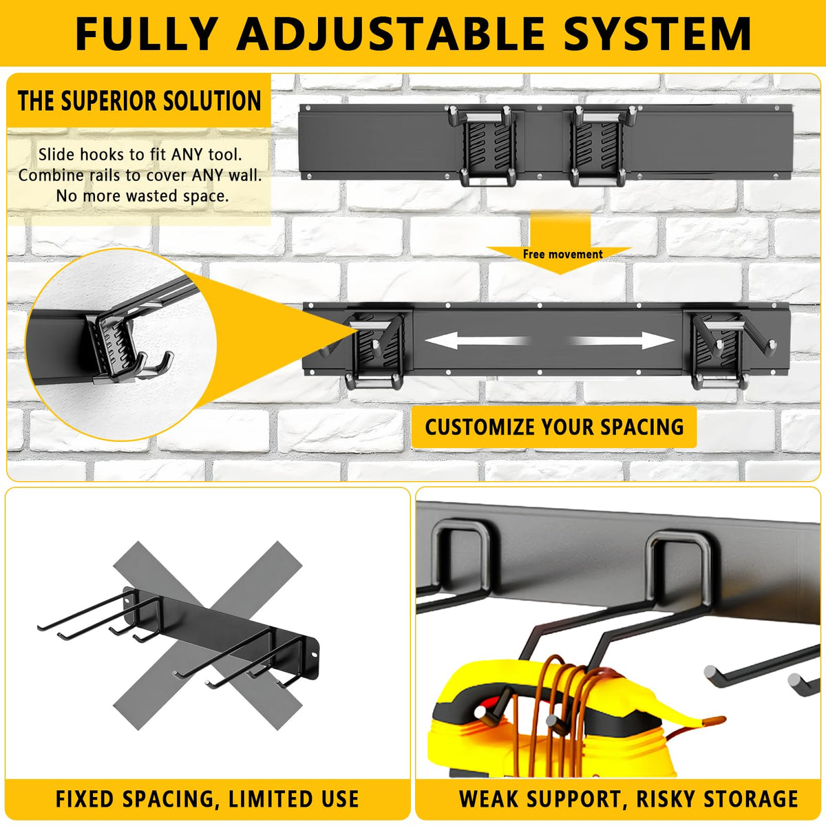 Garage Tool Organizer Wall Mount, 48inch Heavy-Duty Garage Storage System and Garden Tool Organizer with 6 Adjustable Double Hooks for Shovel