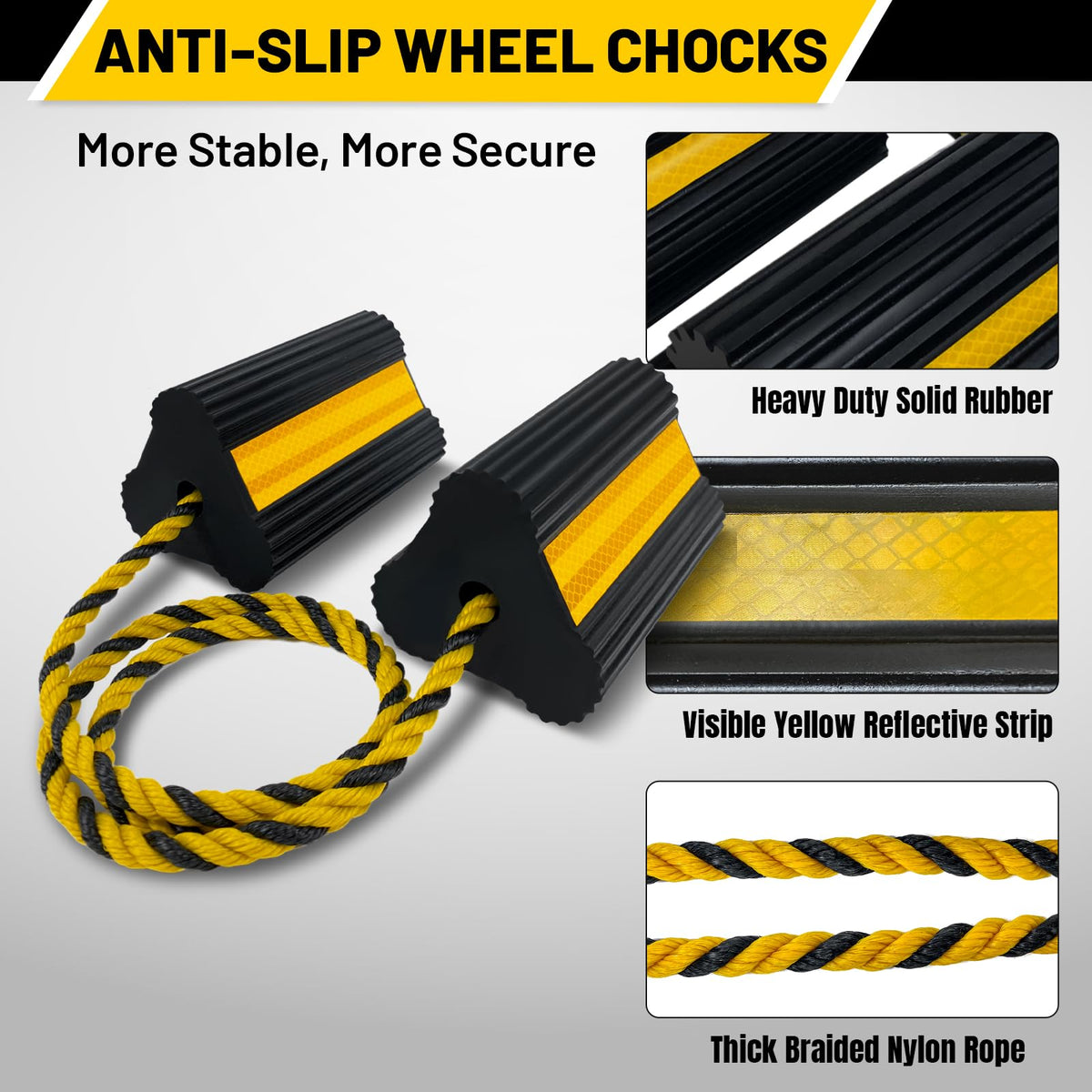Wheel Chocks (2pair/4pack with Rope) for RV Trailer Camper Truck Car Aircraft, Versatile Heavy Duty Rubber Wheel Chocks Block with 3 Reflective