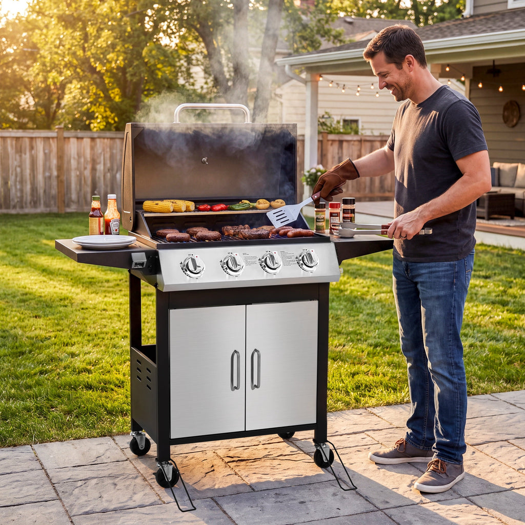 SEGMART 4 Burner BBQ Propane Gas Grill, Stainless Steel 40,000 BTU Patio Garden Barbecue Grill with Folding Side Tables, Thermometer & Bottle Opener