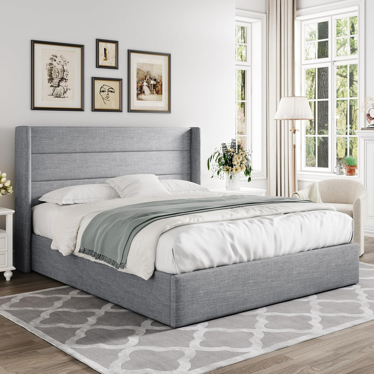 Allewie Queen Lift Up Storage Bed Frame With Wingback Headboard, Light Beige - 80.7 x 60.6 x 44.5 in