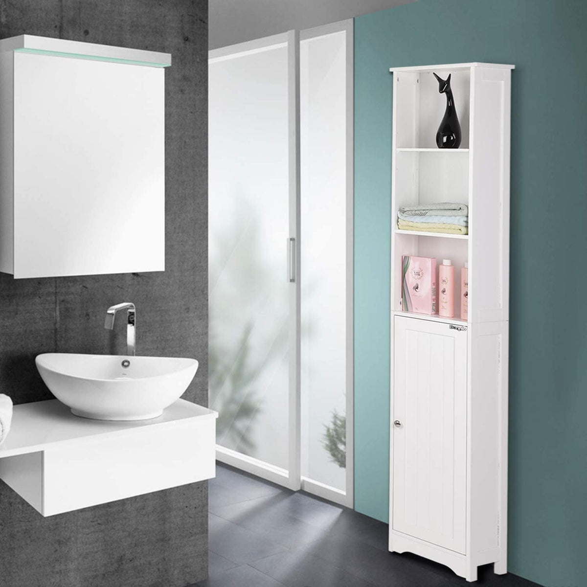 Ktaxon 67" H Bathroom Cabinet 5-Tier, Slim Narrow Storage Tower for Living Room, Kitchen, White