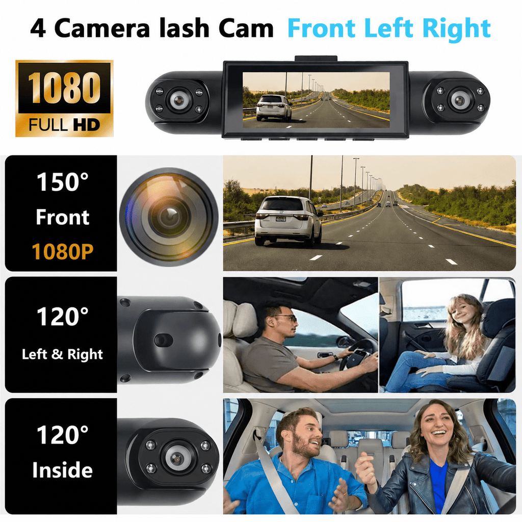 4-Channel Dash Cam with 1080P Front, Inside & Rear Cameras, Night Vision, HDR, G-Sensor, Loop Recording & 24HR Parking Mode