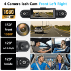 4-Channel Dash Cam with 1080P Front, Inside & Rear Cameras, Night Vision, HDR, G-Sensor, Loop Recording & 24HR Parking Mode