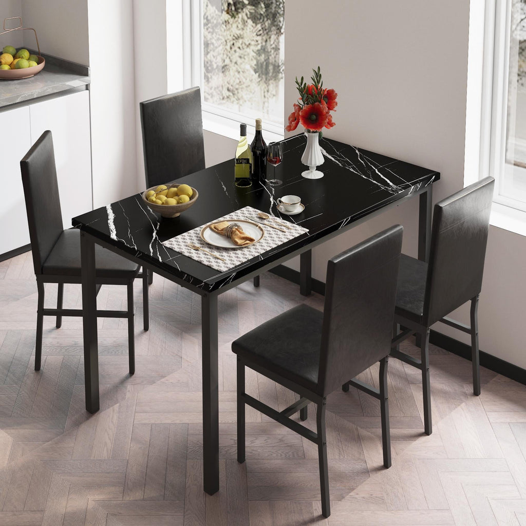 5 Piece Dining Table Set, Modern Faux Marble Tabletop and 4 PU Leather Upholstered Chairs, Rectangle Kitchen Table and Chairs for 4 Persons, Small