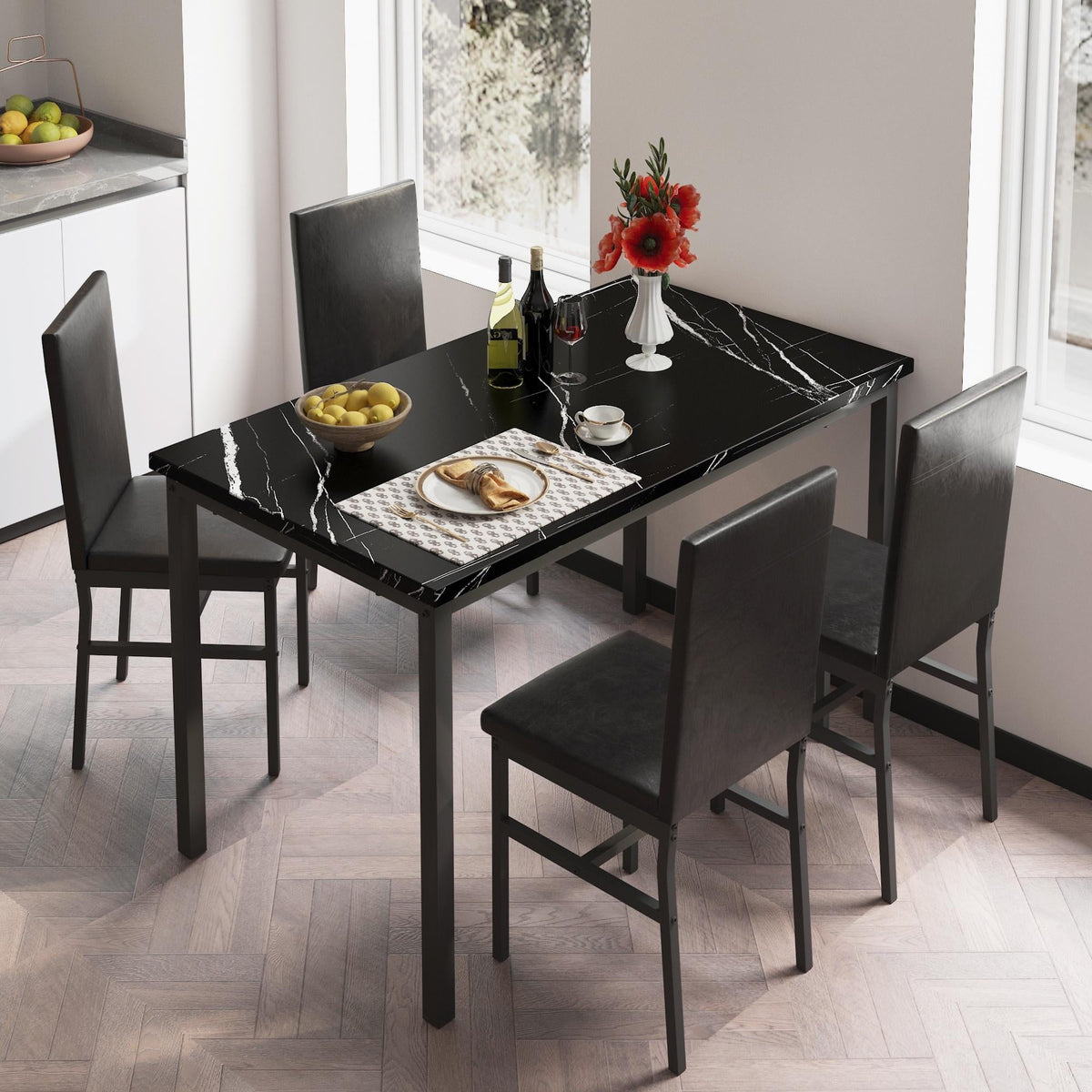 5 Piece Dining Table Set, Modern Faux Marble Tabletop and 4 PU Leather Upholstered Chairs, Rectangle Kitchen Table and Chairs for 4 Persons, Small