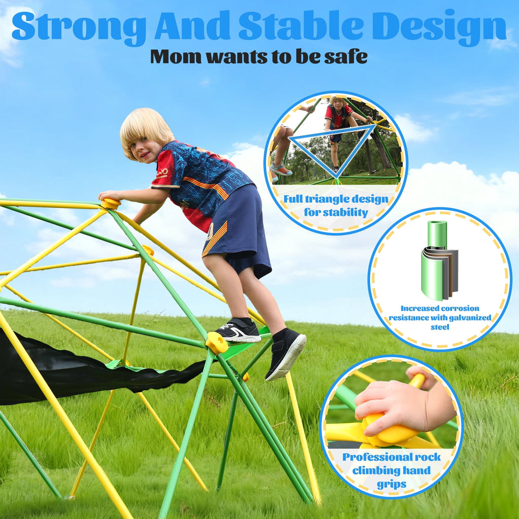 10FT Climbing Dome with Hammock and Led String Light,Fashionsport Outfitters Kids Geometric Climber Dome Jungle Gym Outdoor Play Toddler Play Set for
