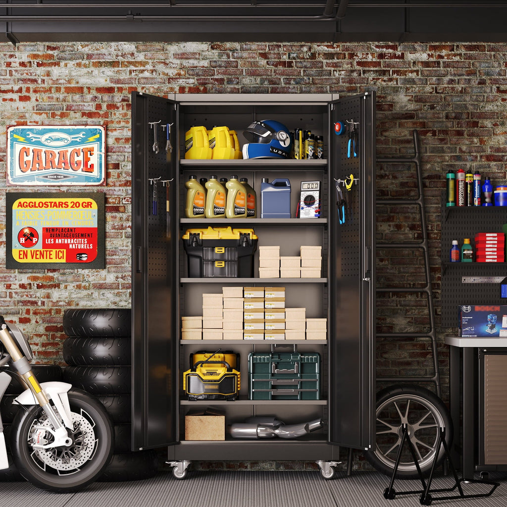 HUAXRON 71 inches Tall Metal Rolling Garage Storage Cabinets with Locking Doors and 5 Adjustable Shelves, Metal Storage Cabinet for Garage, Office