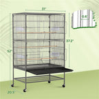 Yaheetech 52"H Metal Rolling Bird Cage with 3 Perches & 4 Feeders & Extra Storage Shelf, Black