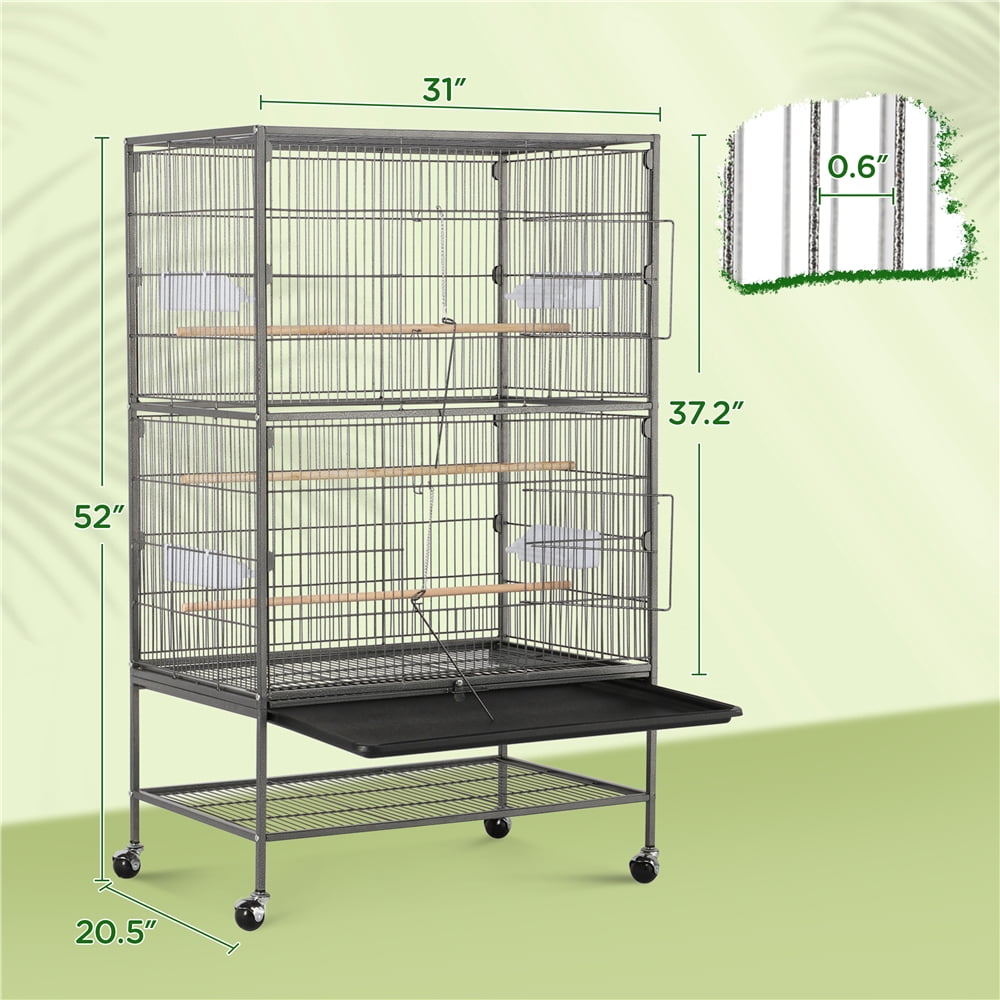 Yaheetech 52"H Metal Rolling Bird Cage with 3 Perches & 4 Feeders & Extra Storage Shelf, Black