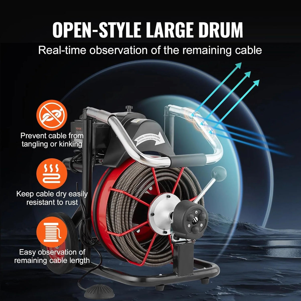 VEVOR Drain Cleaner Machine 100FT x 1/2 Inch, 550W, 8 Cutters, Red + Black