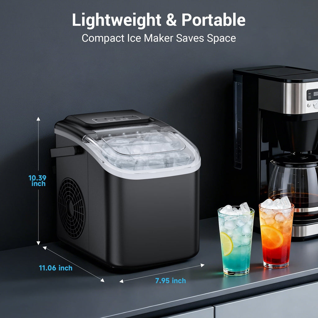Snowyermine Countertop Ice Maker with Handle, 26 lbs/24H Portable Ice Machine, 2 Bullet Ice Sizes, 8 Cubes in 6 Minutes, Self-Cleaning for Home, Bar