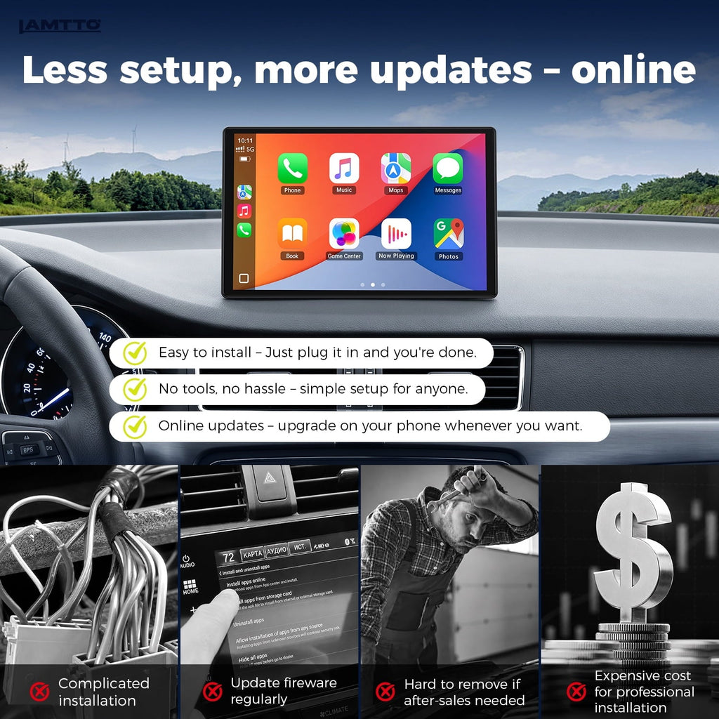 LAMTTO 10.1" Portable Wireless CarPlay Screen for Old Vehicle with Super Link Mirroring, Apple CarPlay & Android Auto, Bluetooth, FM, AUX, Navigation