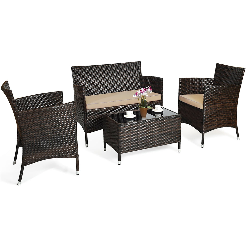 Gymax 4PCS Patio Rattan Outdoor Furniture Set w/ Cushioned Chair Loveseat Table