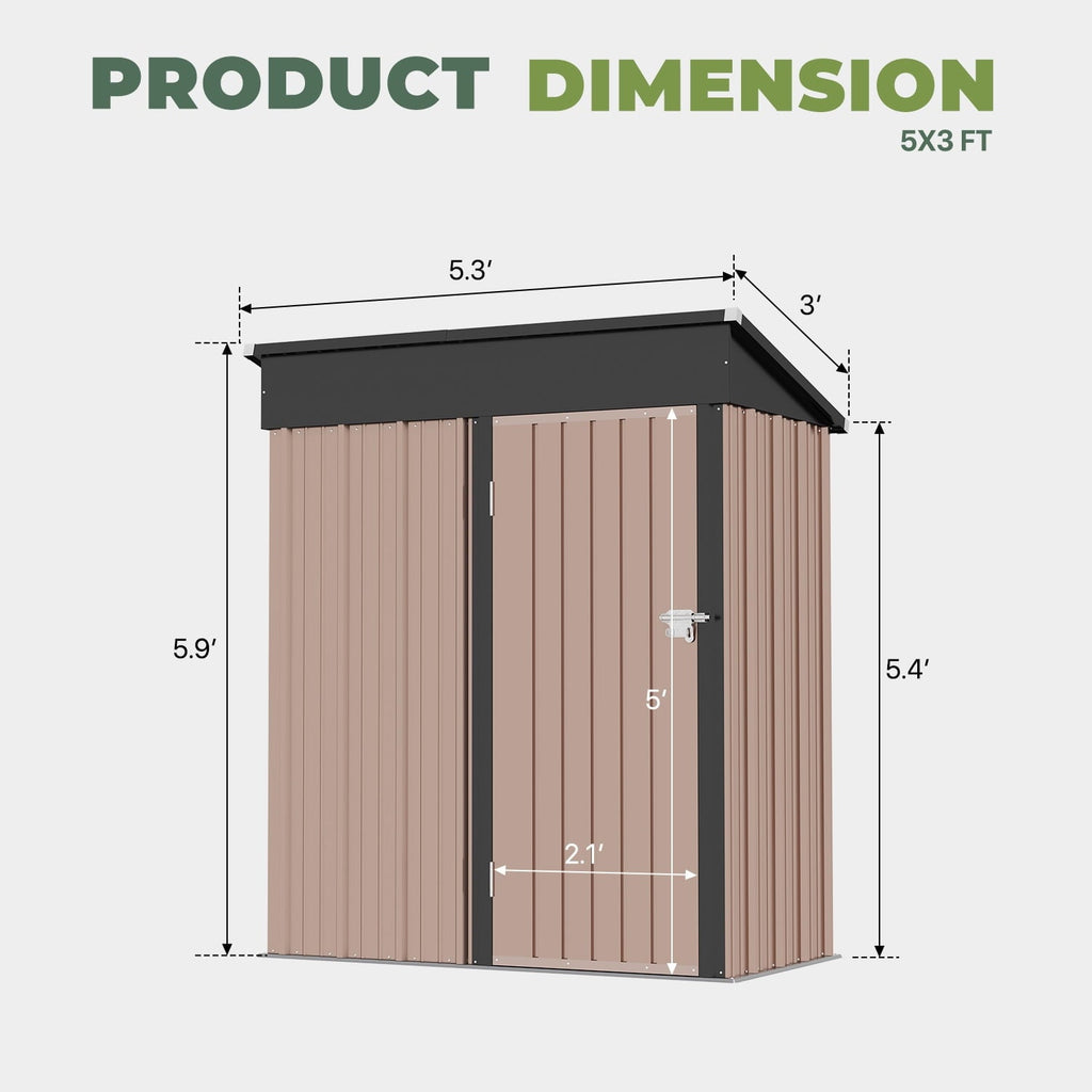 BaPiPro 5'x3' Outdoor Storage Shed, Heavy Duty Metal Shed Garden Tool Shed with Lockable Door for Backyard, Patio, Upgraded Structure Frame, Brown