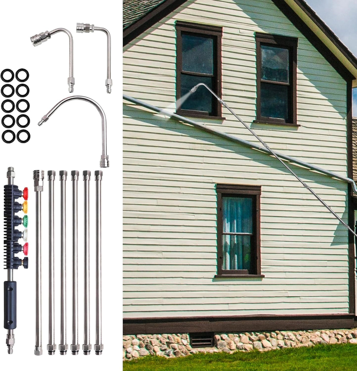 Pressure Washer Extension Wand, 10 Pack Power Washer Lance with 6 Atomization Nozzle Tips,1 Gutter Cleaner Attachment Curved Rod, 1/4" Quick Connect