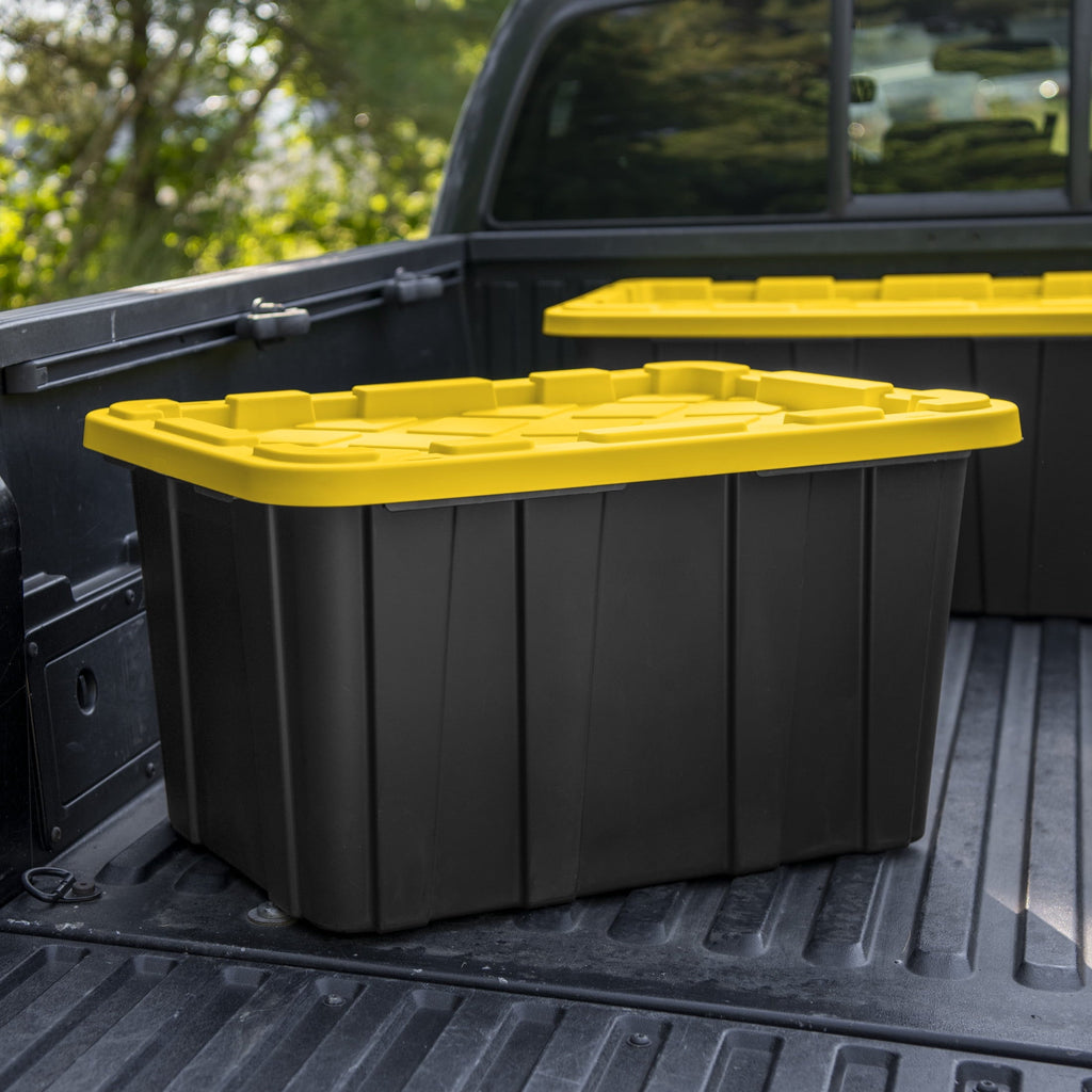 Sterilite 27 Gal Large Plastic Industrial Storage Bin with Snap-Fit Lid, Black and Yellow, 6 Pack