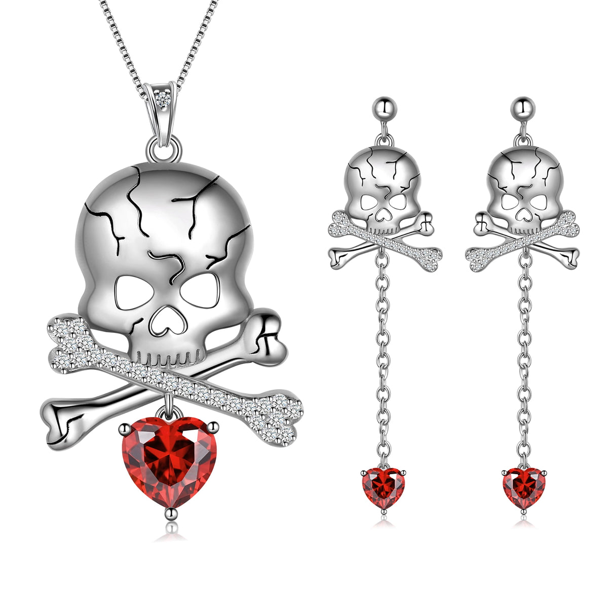 Beautlace 925 Sterling Silver Skull Jewelry Set, Halloween Skeleton Skull Pendant Necklace/Drop Dangle Earrings Gothic Vintage Skull Jewelry Set for Women