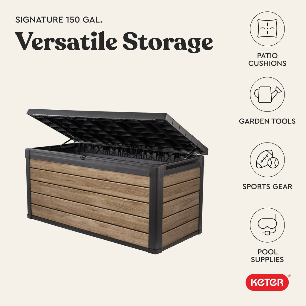 Keter Eastwood 150 Gallon Durable Resin Outdoor Deck Box Storage Organization, Ashwood