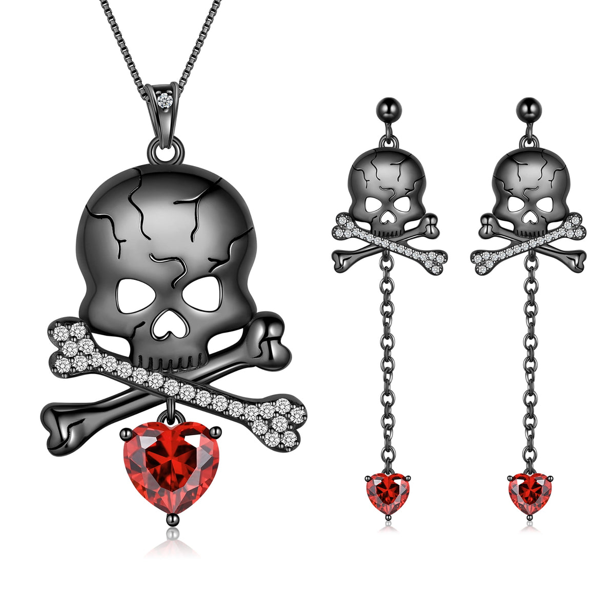 Beautlace 925 Sterling Silver Skull Jewelry Set, Halloween Skeleton Skull Pendant Necklace/Drop Dangle Earrings Gothic Vintage Skull Jewelry Set for Women