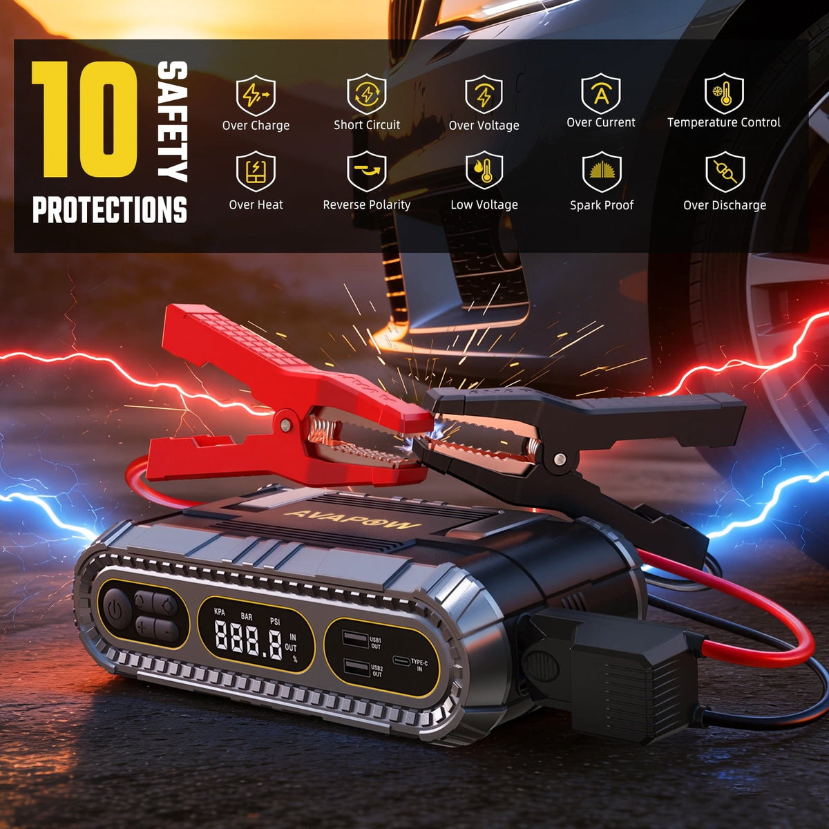AVAPOW 2000A Heavy Duty Jump Starter with 150 PSI Air Compressor, 12V Battery Booster for Up to 8.0L Gas & 6.0L Diesel Engines, Power Bank & LED Light