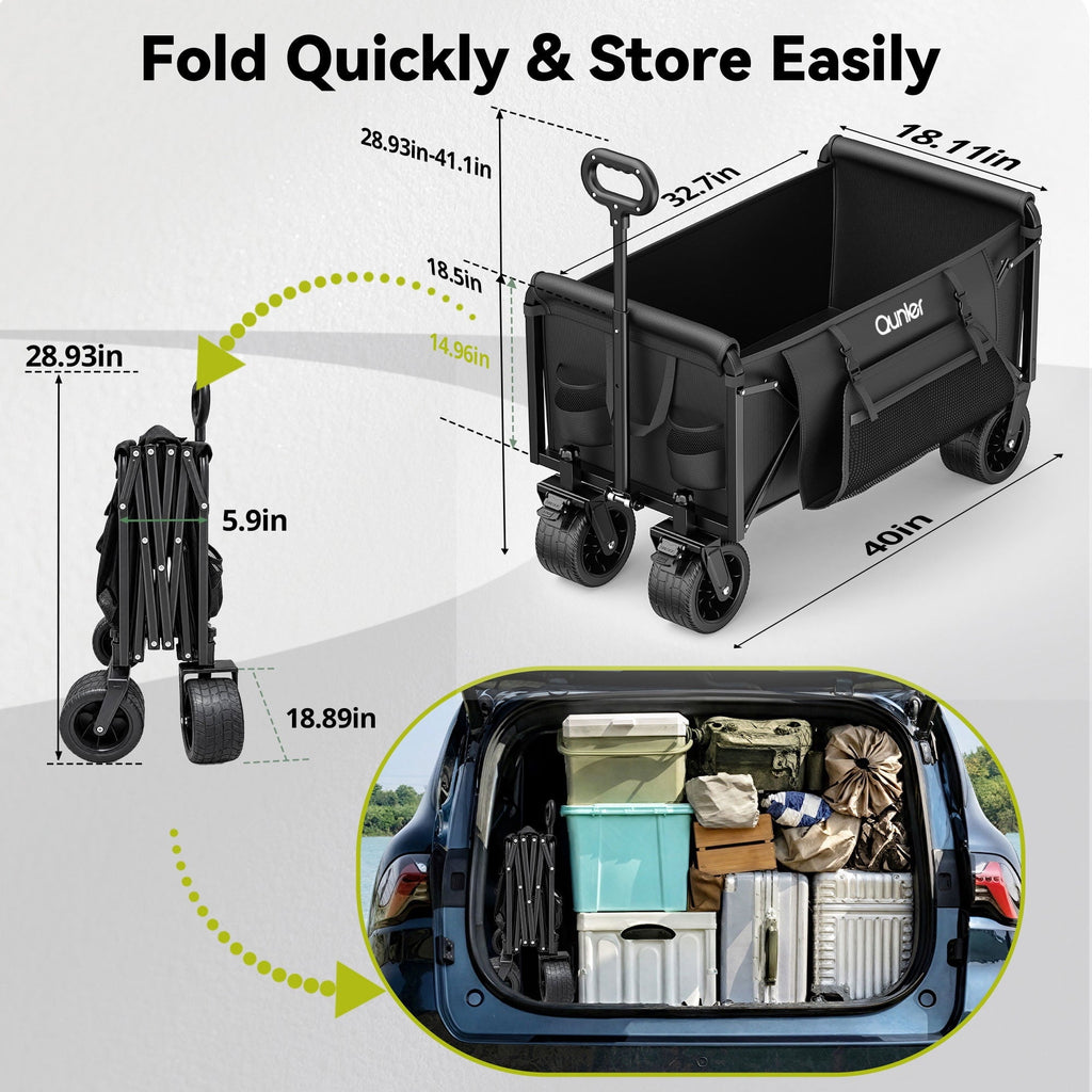 Qunler 560lbs Large Collapsible Folding Wagon with Oversized Tank Wheels, Heavy Duty Big Bucket Utility Garden Cart with Side Pocket for Sports