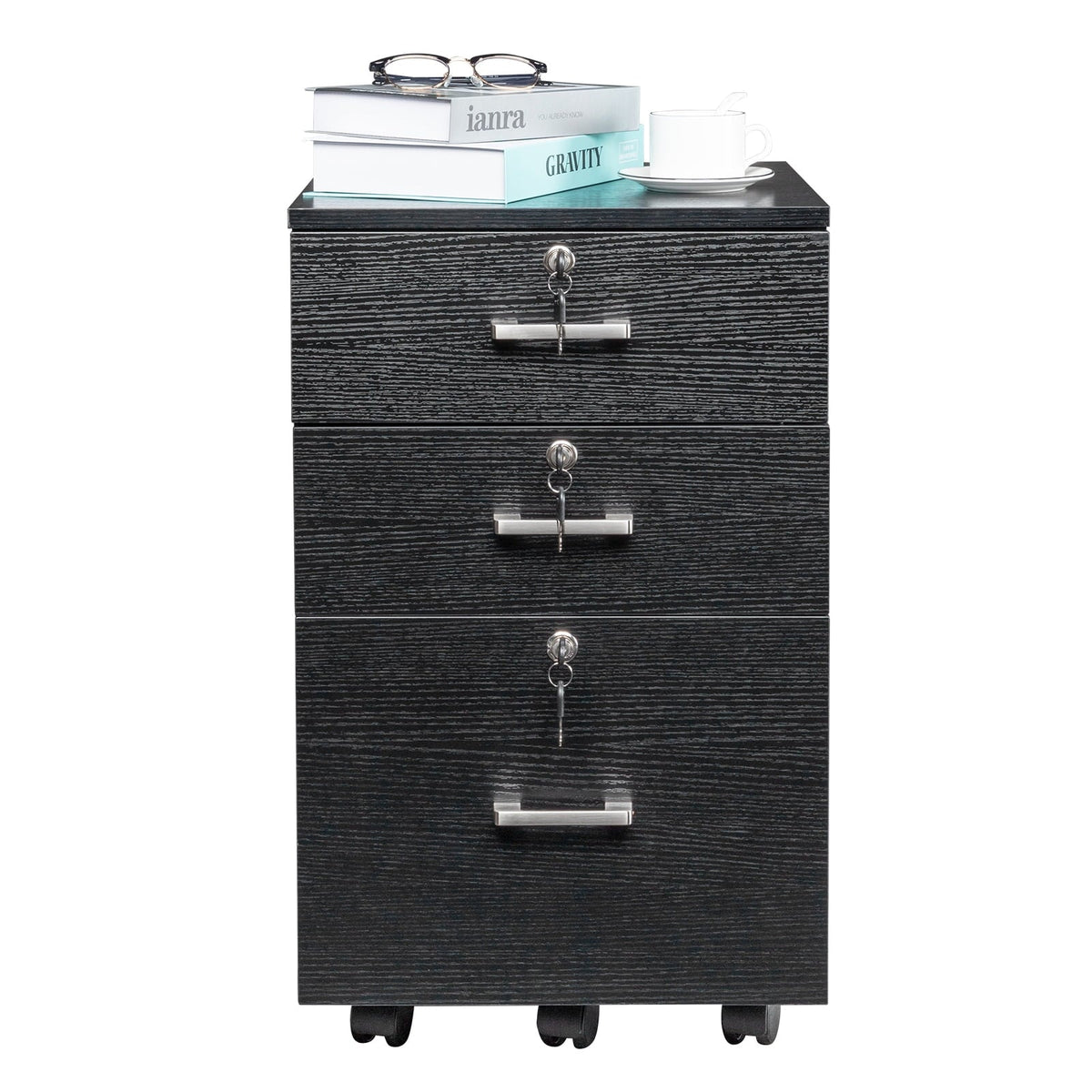 Ktaxon 3-Drawer Rolling Wood File Cabinet with Lock, Portable Vertical Mobile Wooden Storage Filing Cabinet for Home Office,Black