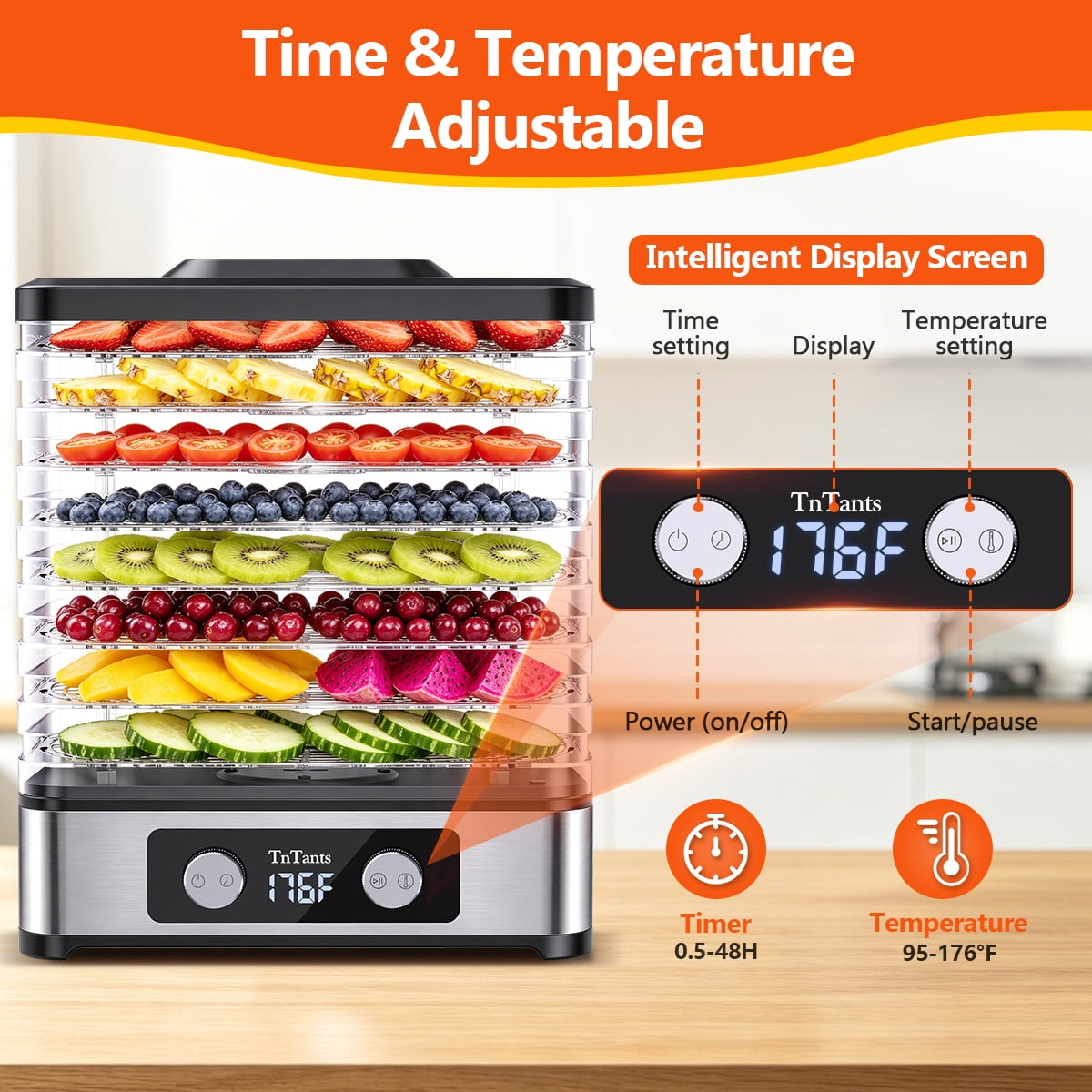 TNTANTS Food Dehydrator, 8 Trays Electric Dehydrator with Adjustable 48H Timer & 95-176℉ Temperature Control, Dehydrator for Food and Jerky, Fruits