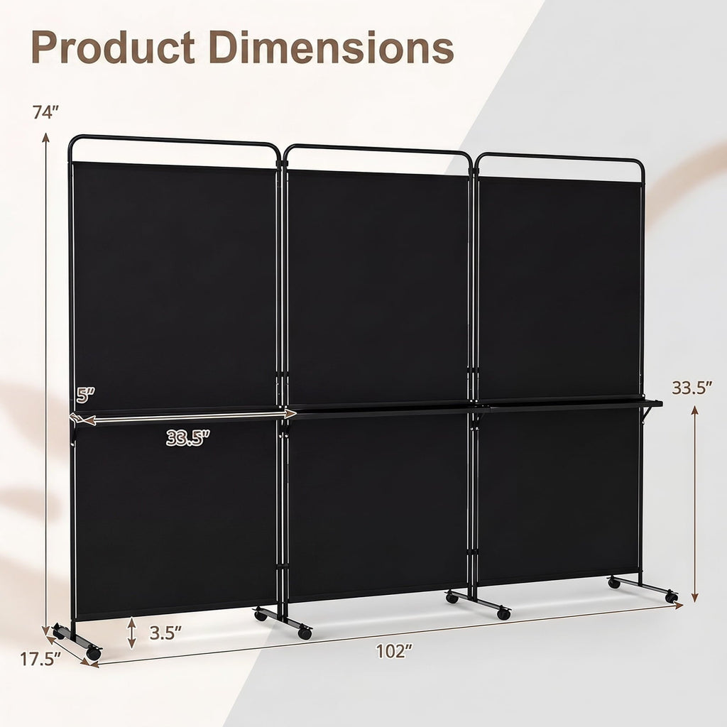 Costway 3-Panel Room Divider with Storage Shelves 6FT Tall Folding Privacy Screen on Wheels Black
