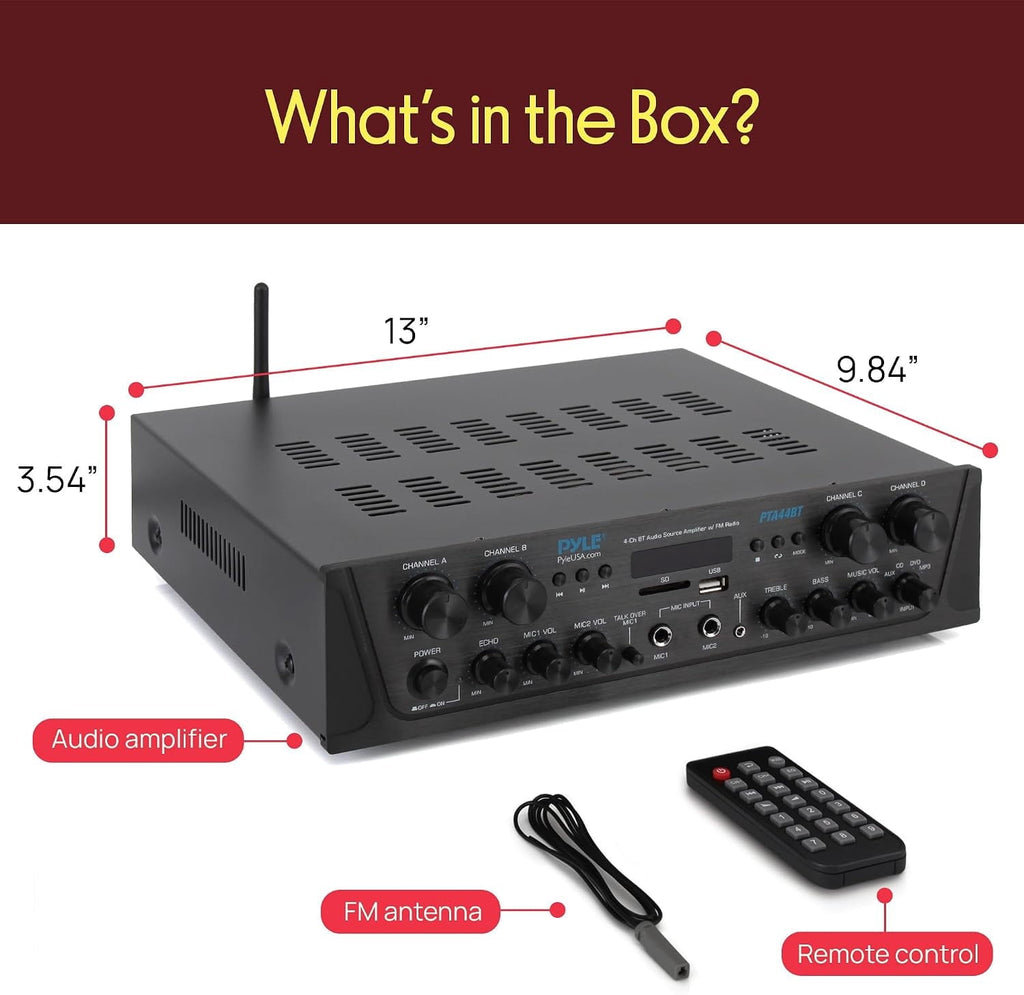Pyle PTA44BT Bluetooth Home Audio 500 Watt 4 Channel Amplifier Stereo Receiver