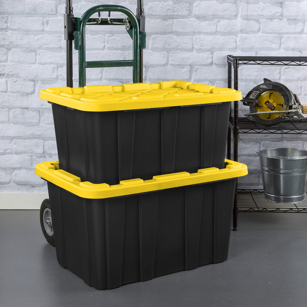 Sterilite 27 Gal Large Plastic Industrial Storage Bin with Snap-Fit Lid, Black and Yellow, 6 Pack