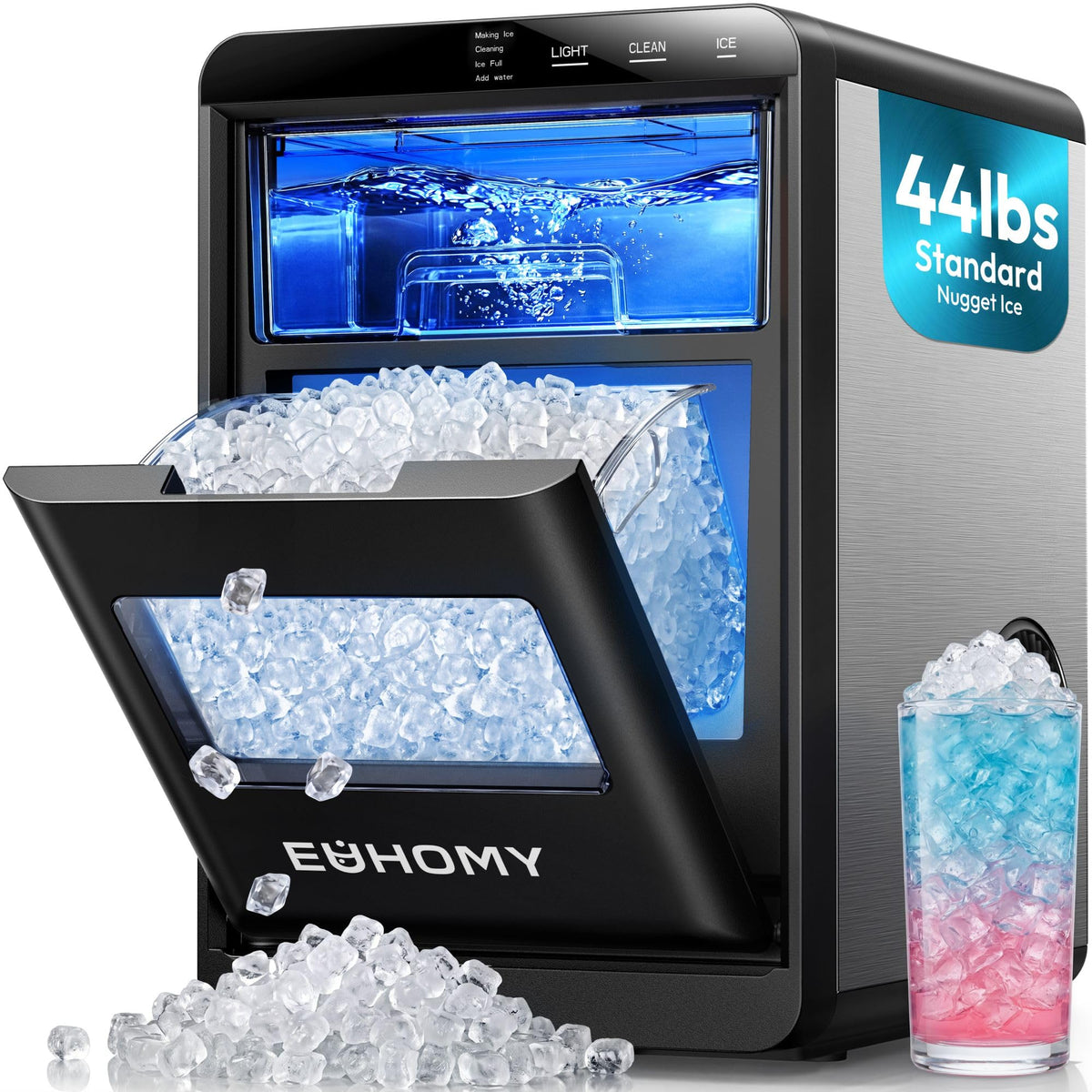 EUHOMY Nugget Ice Maker Countertop, 44lbs/24H, Ready in 7-10Mins, Black
