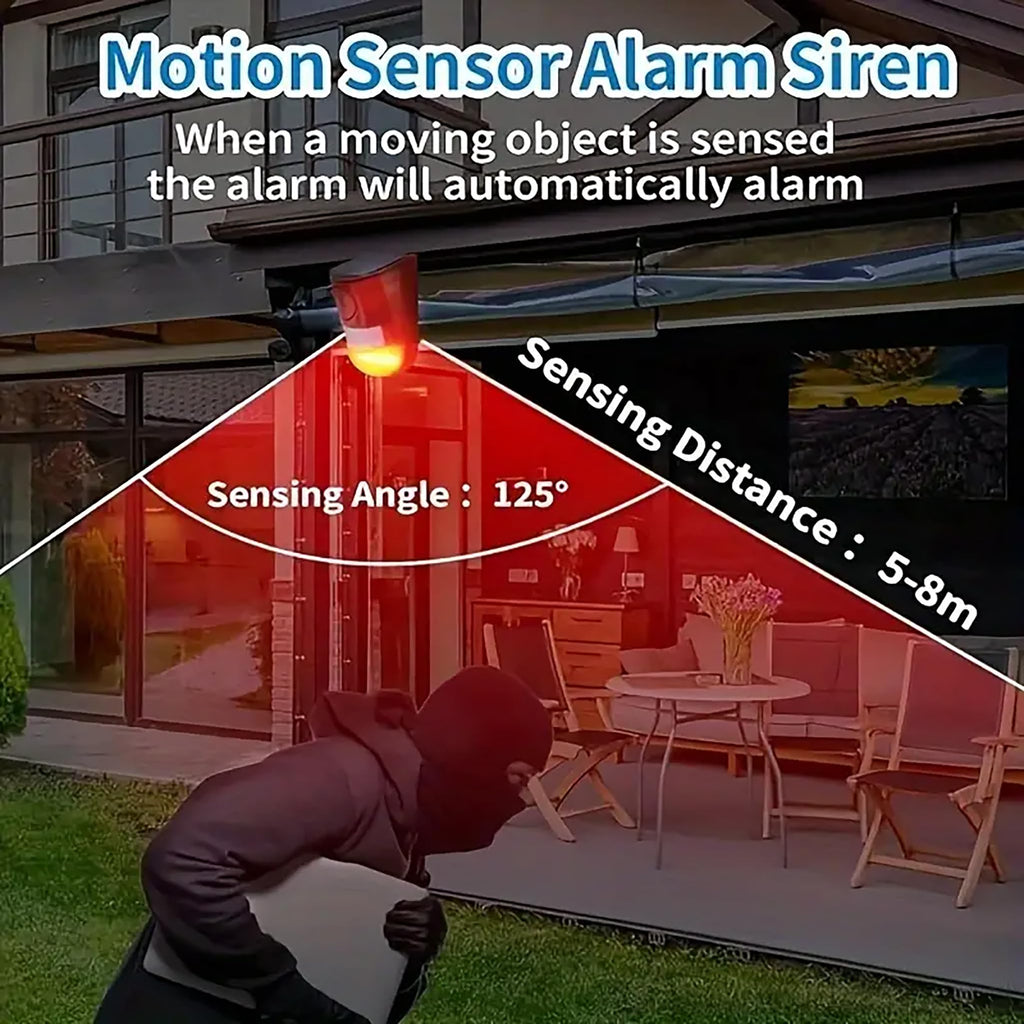 Solar Motion Sensor Alarm Outdoor, 110dB Solar Sound & Light Alarm with 6 LED Flashing Strobe, Wireless PIR Security Siren for Farm, Chicken Coop