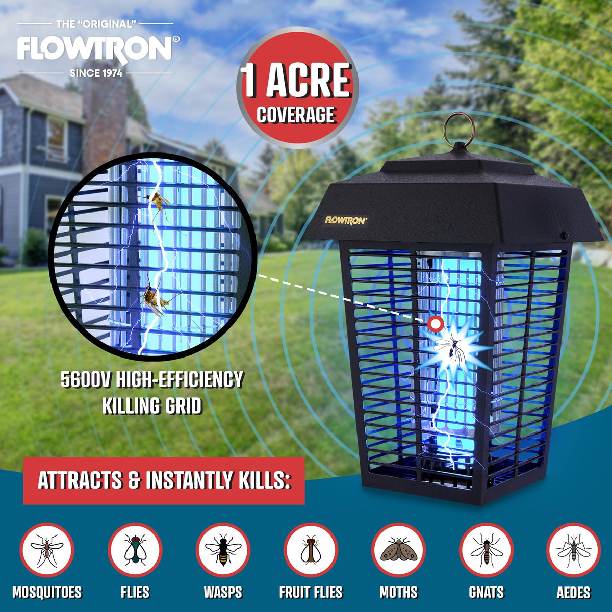 Flowtron Electric Bug Zapper, 1 Acre Outdoor, 40W UV, 5600V Zap, Black