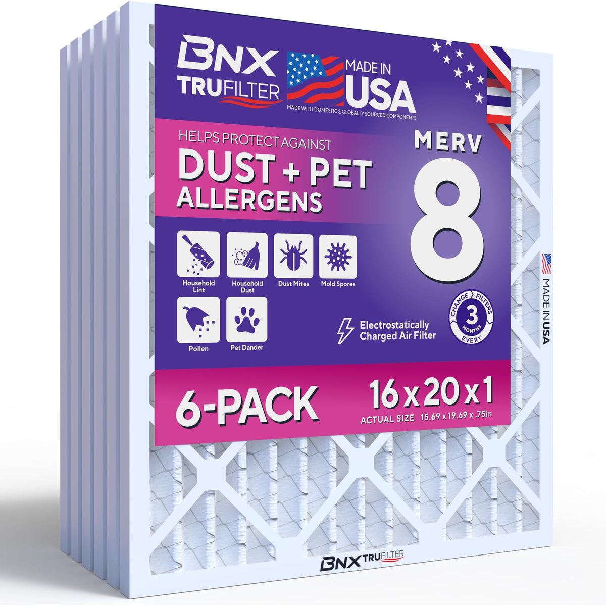 BNX TruFilter 16x20x1 Air Filter MERV 8 Dust, Pet & Allergy Defense 6-Pack
